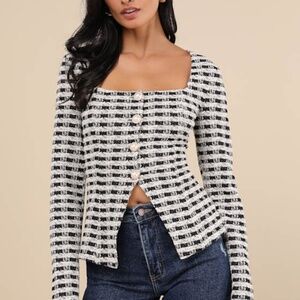 Lulus Curated Look Black And Ivory Plaid Long Sleeve Top - Size XL